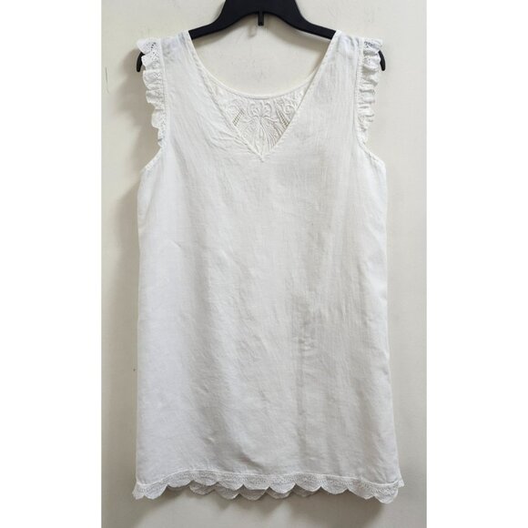 Sézane White Linen Embroidered Dress Size 40 Eyelet Ruffle Trim Mini Tunic Boho - Picture 5 of 12